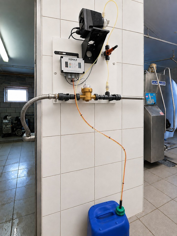 Konax doseerstation met pomp en watermeter in een melkstal